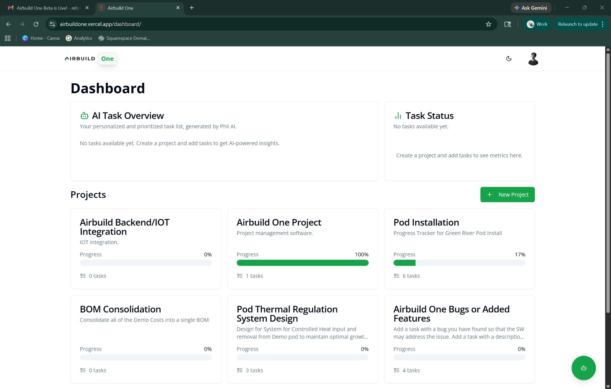 Airbuild One project management dashboard